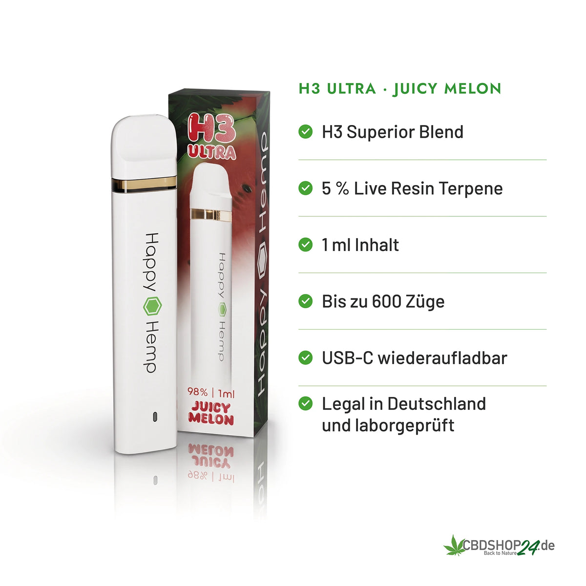 Happy Hemp® H3 Ultra Vape 98% - Juicy Watermelon