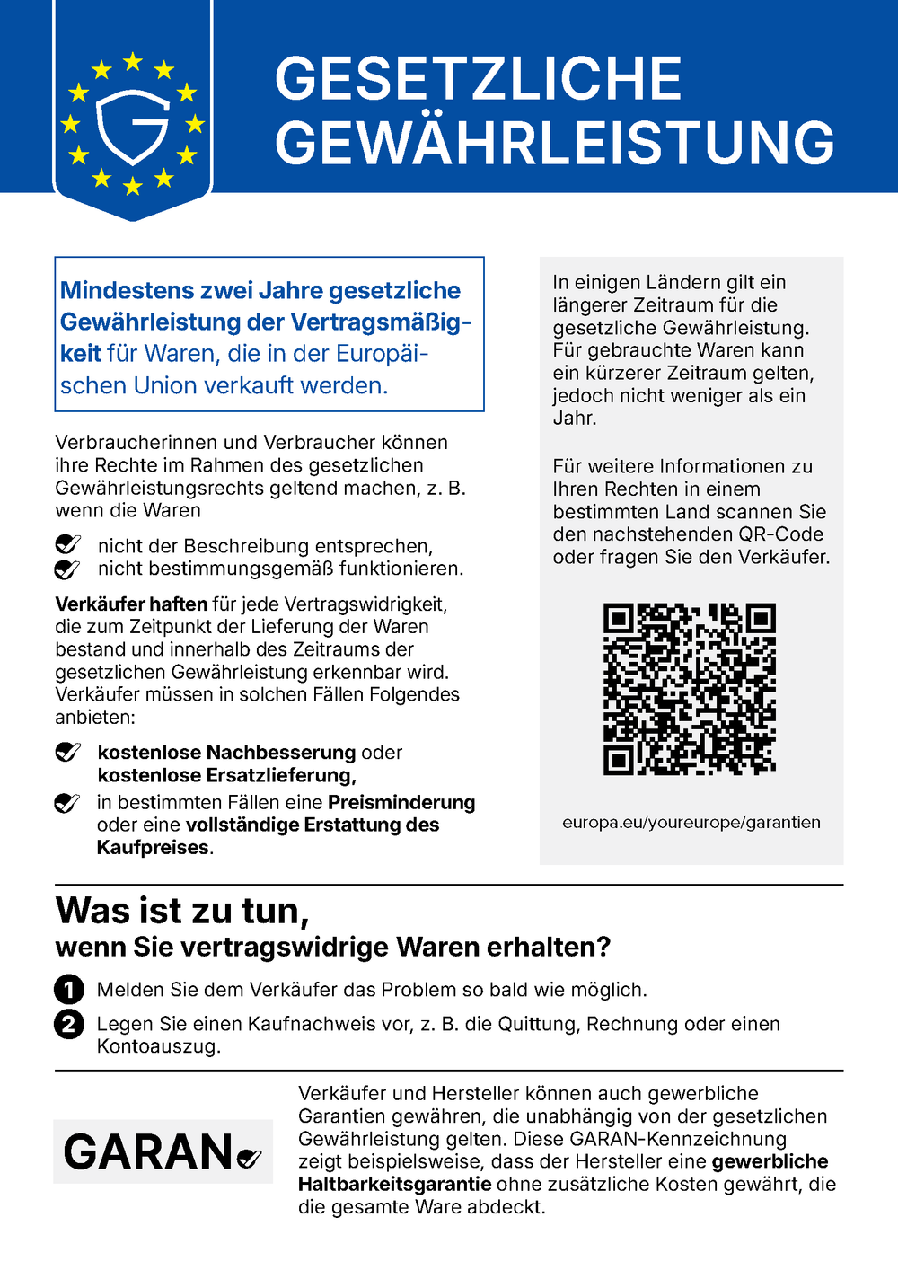EU-Hinweis Gesetzliche Gewährleistung: Mindestens zwei Jahre gesetzliche Gewährleistung der Vertragsmäßigkeit für Waren, die in der Europäischen Union verkauft werden. Verbraucher können ihre Rechte geltend machen, z. B. wenn die Waren nicht der Beschreibung entsprechen oder nicht bestimmungsgemäß funktionieren. Verkäufer haften für jede Vertragswidrigkeit, die zum Zeitpunkt der Lieferung bestand und innerhalb der Gewährleistungsfrist erkennbar wird, und müssen kostenlose Nachbesserung oder Ersatzlieferung, in bestimmten Fällen Preisminderung oder Erstattung anbieten. Was ist zu tun: das Problem so bald wie möglich dem Verkäufer melden und einen Kaufnachweis vorlegen.