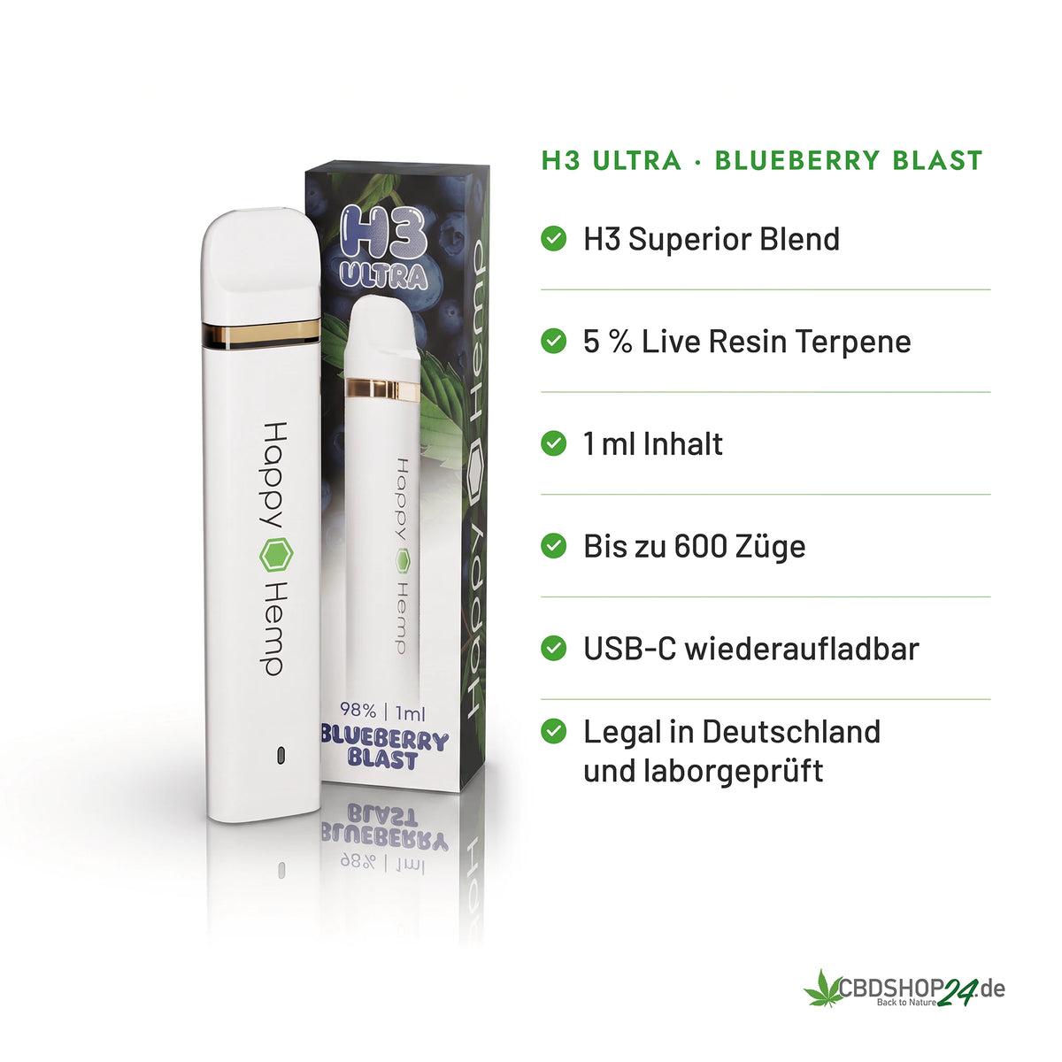 Happy Hemp® H3 Ultra Vape 98% - Blueberry Blast