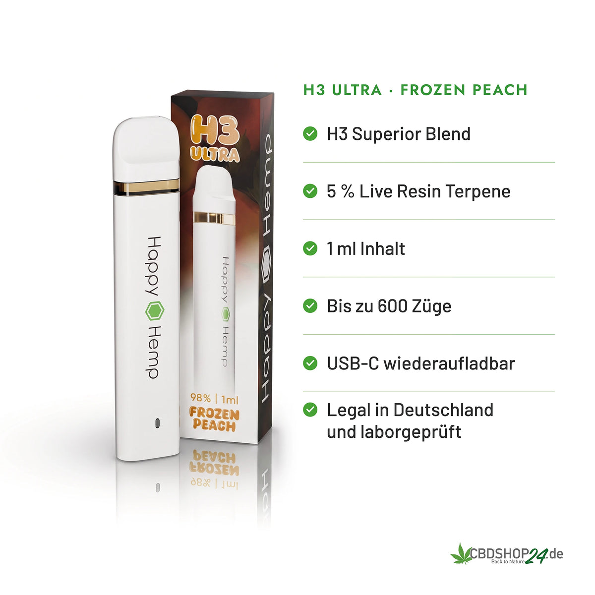 Happy Hemp® H3 Ultra Vape 98% - Frozen Peach