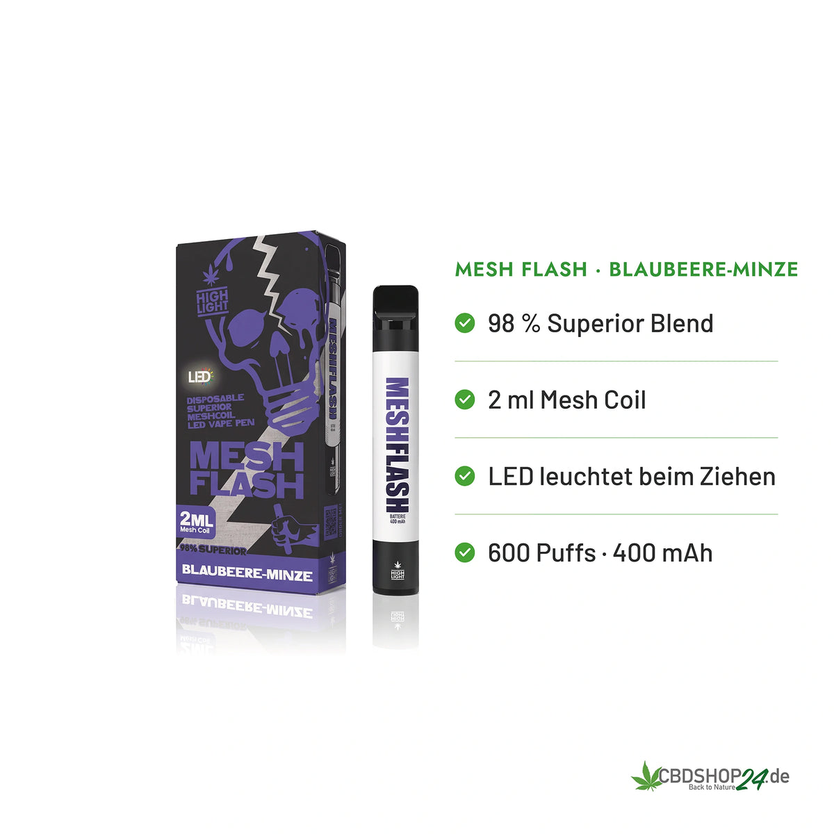 Mesh Flash Vape H2 Superior 96% - Blaubeere-Minze 2ml