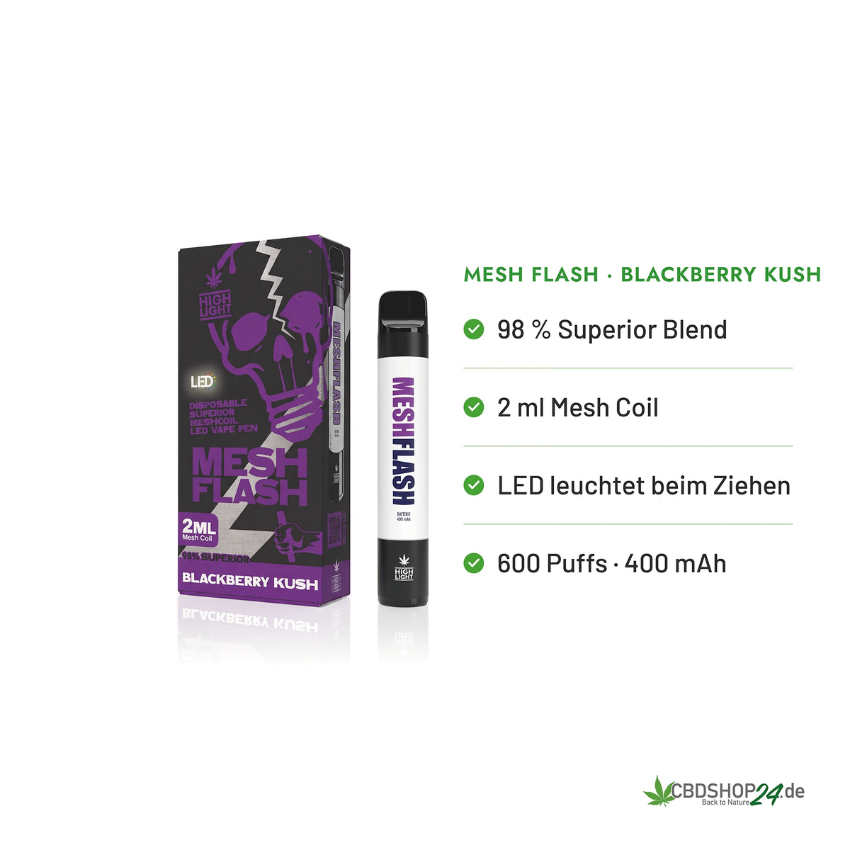 Mesh Flash Vape H2 Superior 96% - Blackberry Kush 2ml